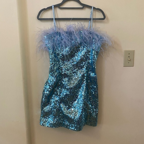AUDREY ADELE BHLDN ANTHROPOLOGY BLUE SEQUIN DRESS WITH FEATHER TRIM MINI DRESS - Picture 2 of 12